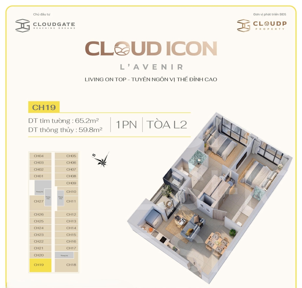 layout căn hộ 1 Pn Cloud Icon L’Avenir