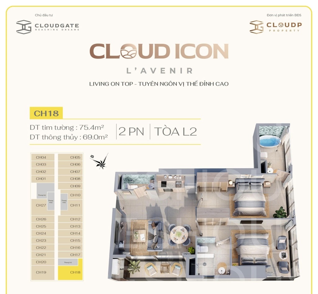 layout căn hộ 2 Pn Cloud Icon L’Avenir